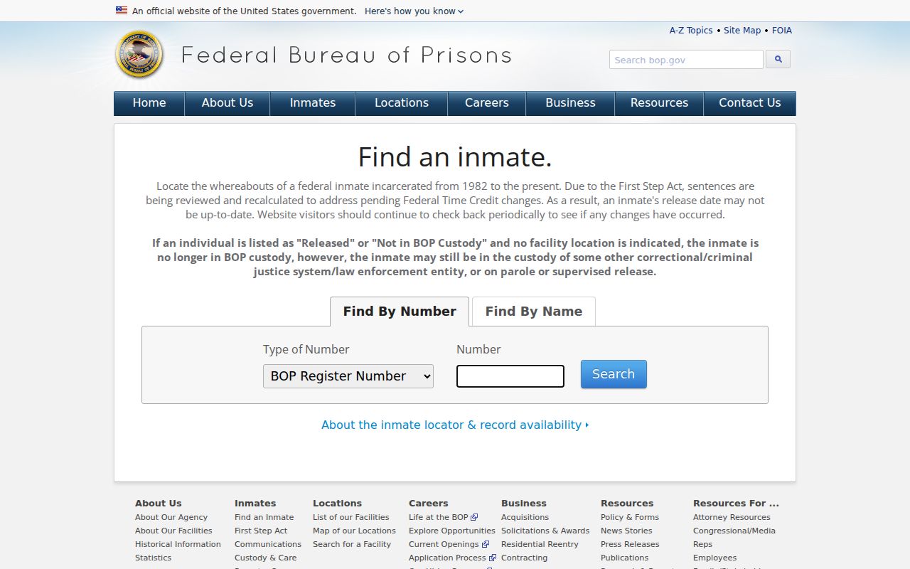 Federal Bureau of Prisons official inmate locator search interface