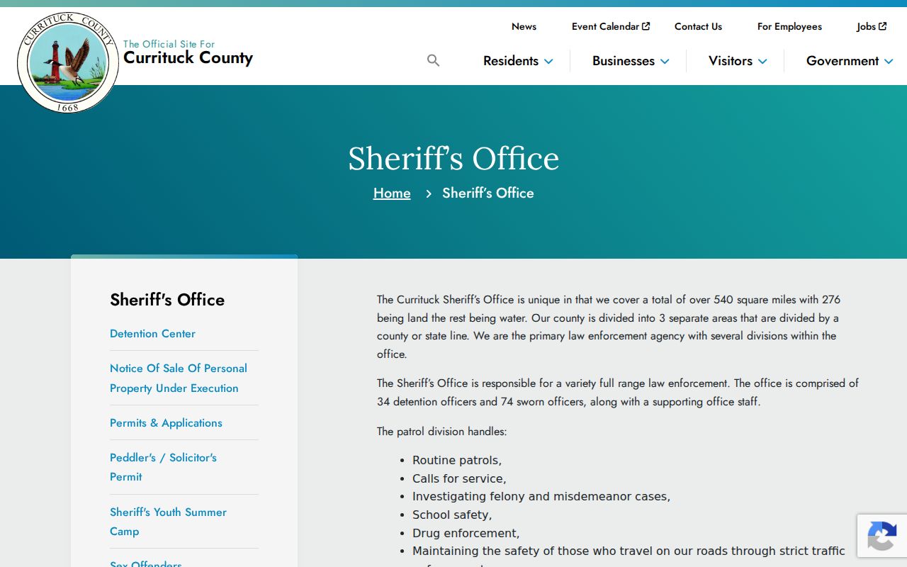 Currituck County Sheriff divisions and services