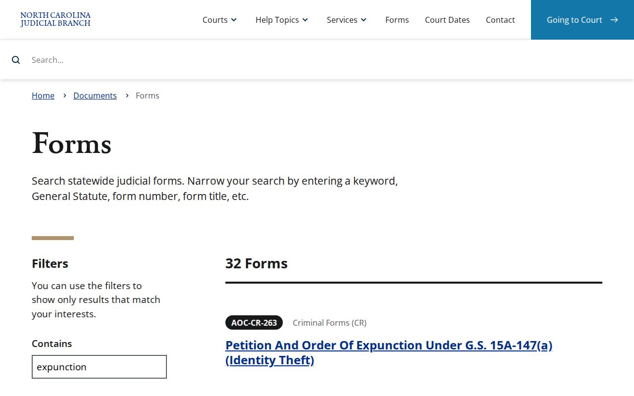 Official North Carolina expunction form catalog