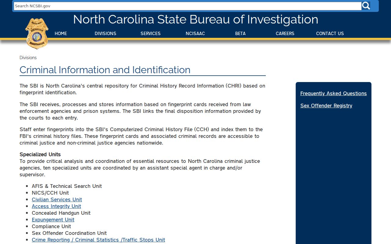 North Carolina SBI criminal information repository operations